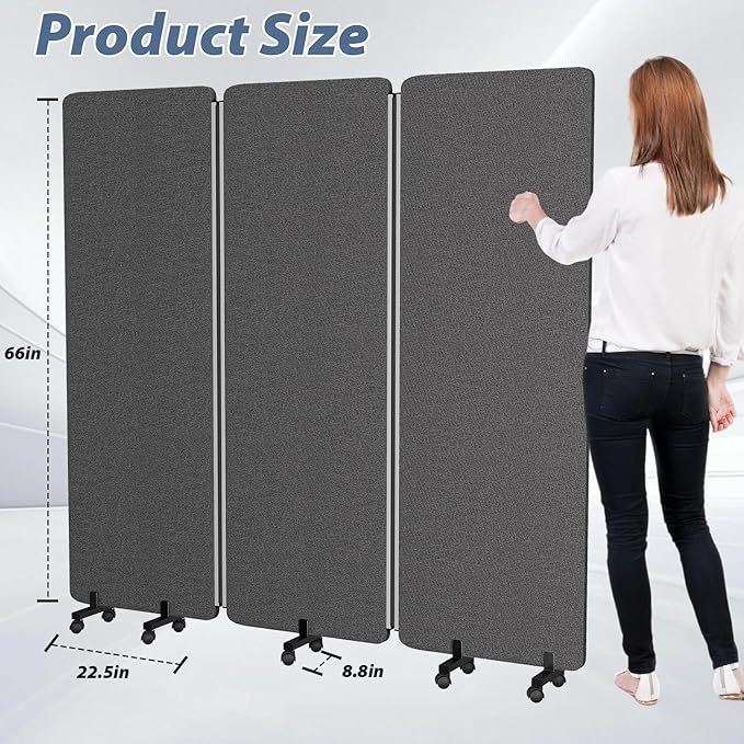 Room Divider Soundproof Privacy Panel with Wheels, 3 Panel Wall Divider (Aluminum Frame) for Room Partition, Folding Room Dividers Space Separation Office Cubicle Wall Divider Sound Proof Separator