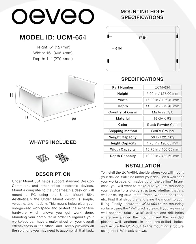 Oeveo Under Desk PC Mount UCM-654 — Made in USA, Heavy-Duty Tech Support Bracket | Desktop Computers, PC, CPU, Gaming Console Mounting Application | Black Powder Coated Steel — 16W x 5H x 11D (1 Pack)