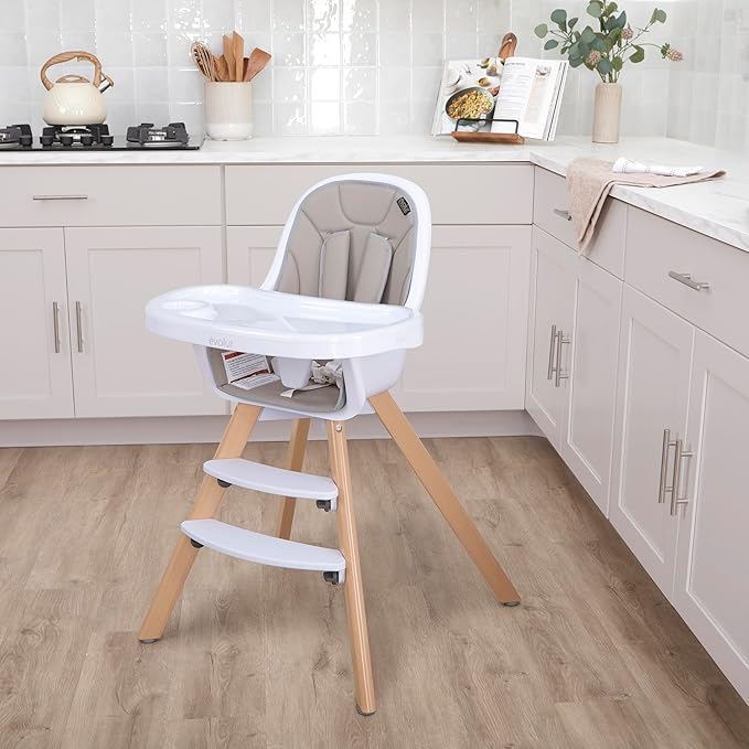 évolur Zoodle 3-in-1 High Chair in Light Grey | Convertible Wooden Baby Feeding Chair with Dishwasher Safe Removable Tray, Adjustable Footrest, Padded Cushion, 5-Point Harness for Infants & Toddlers