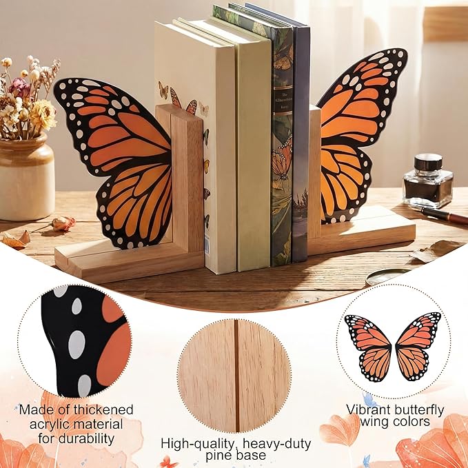Decorative Butterfly Bookends Wooden Acrylic Butterflys Bookend Modern Bookshelf Decor Accent Book Stopper Decor for Home Farmhouse Shelves Office Lover Gift (Monarch Butterfly)