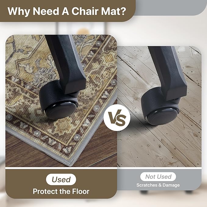 36"x60" Office Chair Mat for Hardwood Tile Floor, Under Desk Carpet Protector for Rolling Computer Chair Mat, Machine Washable Area Rug, Anti-Slip 1/5" Thick Low Pile Thin Vinyl Floor Mat, Brown