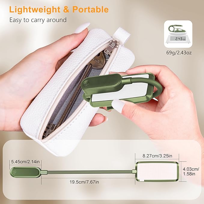 Gritin 16 LED Rechargeable Book Light for Reading in Bed- Eye Caring 3 Color Temperatures, Stepless Dimming Brightness, 80 Hrs Runtime, Lightweight Flexible Clip on Light for Book Lovers-Dark Green