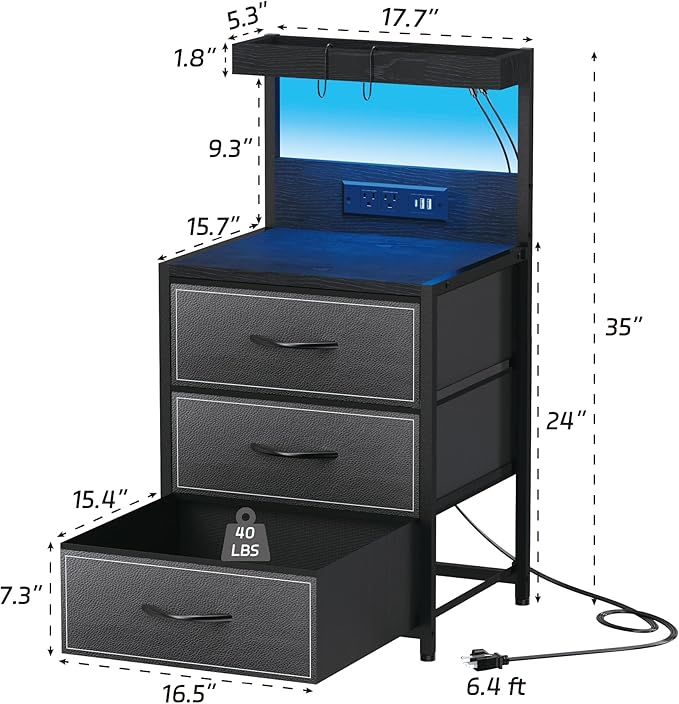 SZLHANJZ LED Nightstand Set of 2, Night Stand with 3 Drawers and Type C Charging Station, Storage End Table with Shelf and Hooks, Large Bedside Table for Dorm Bedroom, Black