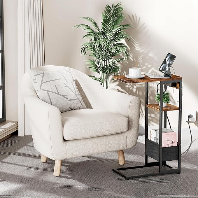 C Shaped End Table with Charging Station,3-Layer Sofa C Table Side Table, Slide Under Sofa Desk Snack Tables with Storage Bag w/AC U-S-B Port & Socket,Small Spaces Drink Tables for Living Room