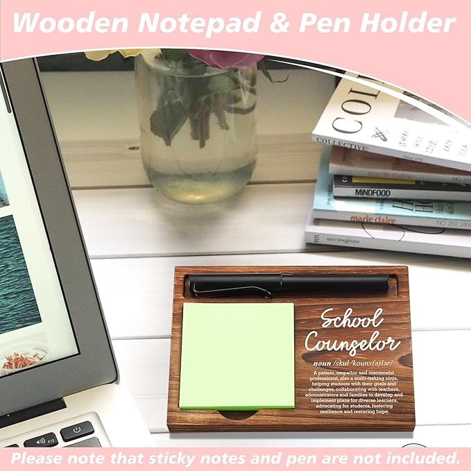 School Counselor Sticky Note Holder Wooden Notepad & Pen Holder 6.5" x 4.7" Sticky Note Pad Holder Dispenser for Desk School Counselor Definition Work Gifts, NPA180