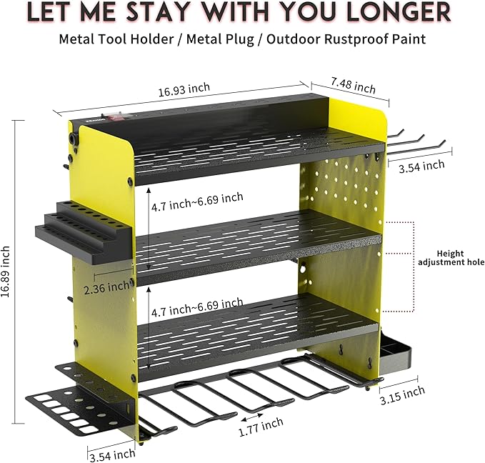 Power Tool Organizer with Charging Station, 4 Layers Drill Holder Wall Mount, Metal Garage Rack with 8 Outlet Power Strip, Tool Shelve Drill Bit Storage, Christmas Gift for Men Dad(Green&Black)