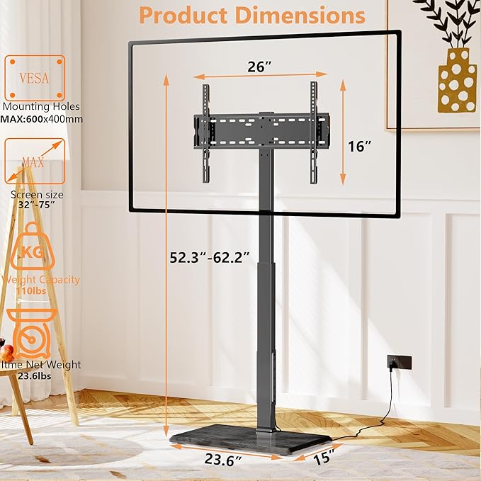Afaloona Universal Floor TV Stand,TV Floor Mount Stand with Power Outlet for 32-75 inch TV up to 110 lbs, Swivel and Height Adjustable Tall TV Stand for Bedroom,Office(TCP01-M-A01)