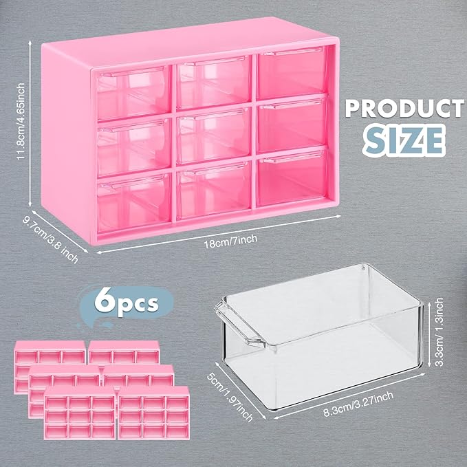 Amyhill 6 Pcs Mini Drawer Organizer Small Organizer with 9 Drawers Plastic Desktop Craft Storage Box for Office Home Room Jewelry Cosmetics Collection(Rose Red)