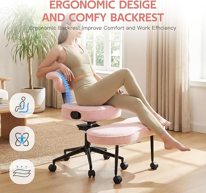 Garvee Ergonomic Cross Legged Office Chair with Lumbar Support, 360° Swivel Meditation Chair with Wheels - Adjustable Height for ADHD Desk & Yoga, Wide Criss Cross Chair, Kneeling Chair for Home, Pink
