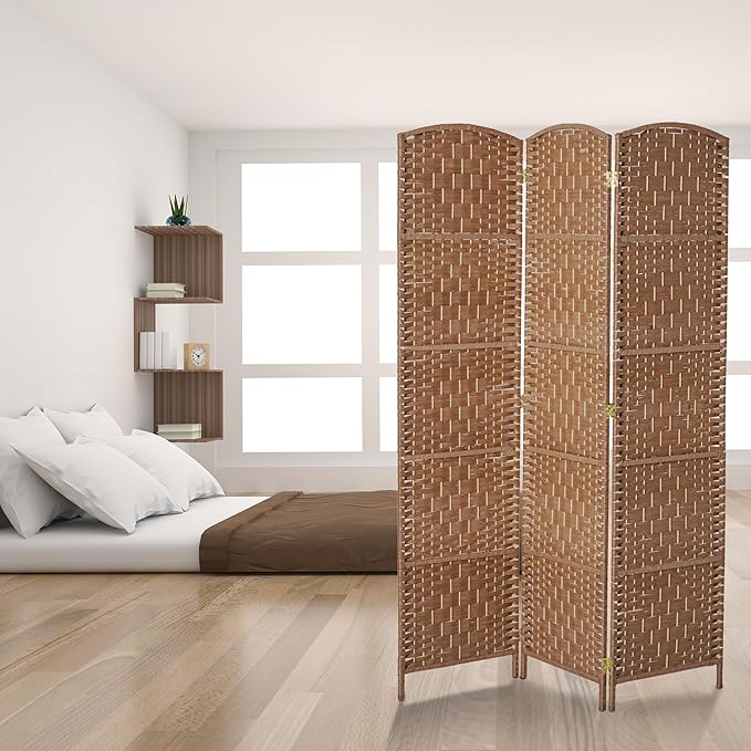 HOMCOM Room Divider 3 Panel, 6FT Tall Folding Privacy Screen, Freestanding Hand-Woven Partition for Room Separation with 360° Hinges, Paper Rope Diamond Weave, Natural