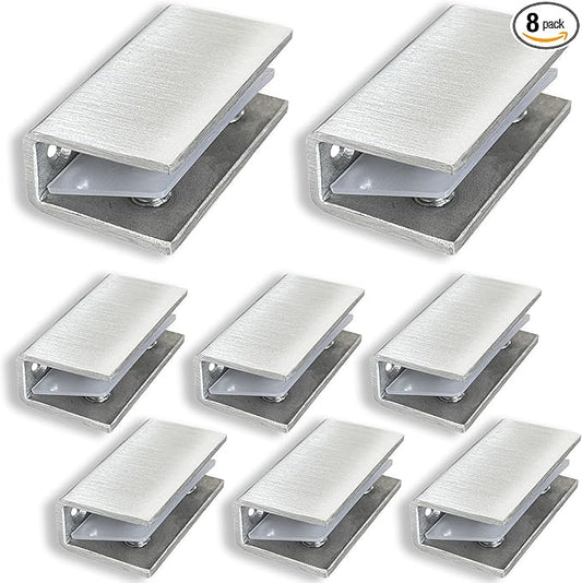 8Pcs Stainless Steel Glass Shelf Clip Clamp Bracket Support Adjustable 304 Stainless Steel Brushed Finish Glass Clip Shelf Brackets Holder Support 0.3" to 0.5"/ 8 to 12mm Thick