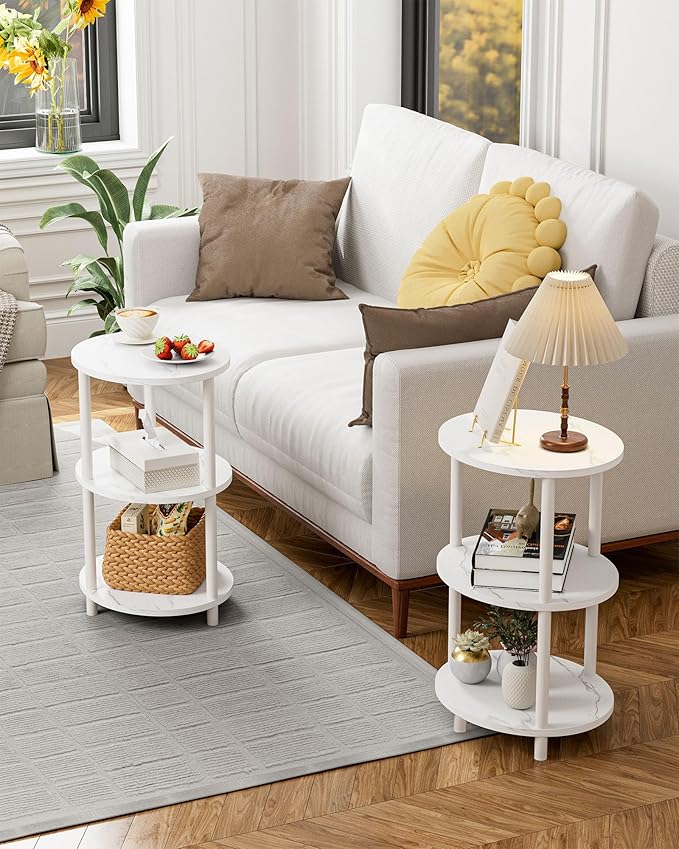 Round Pedestal End Table - 3-Tier Oval Accent Table for Small Spaces, Rustic Wood and Metal Couch Side Table, Nightstand for Bedroom or End Table Living Room, Easy to Assemble, Marble White