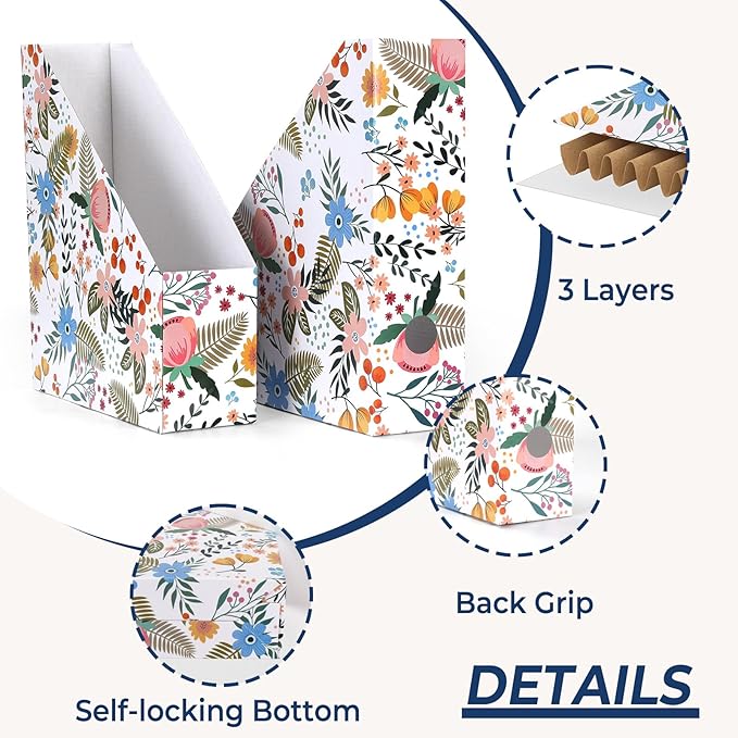 EXYGLO 12 Pack Magazine File Holder, Cardboard Magazine Rack with Label, Foldable Storage Organizer Box for Book, Documents, Floral Design, 9.9x3.3x12 Inches