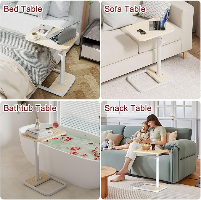 GOYLSER C Shaped End Table for Couch, Height Adjustable Rotatable Couch Tray Tables Sofa Table Tv Trays for Bedroom, Natural Wooden Swivel Side Table for Small Spaces
