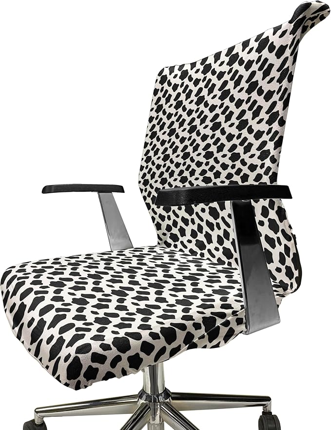 Ambesonne Cow Print Office Chair Cover, Cattle Skin Pattern Scattered Spots Animal Hide Plain and Pasture Theme, Stretchable Decorative Universal Size High Back Printed Slipcover, White and Black
