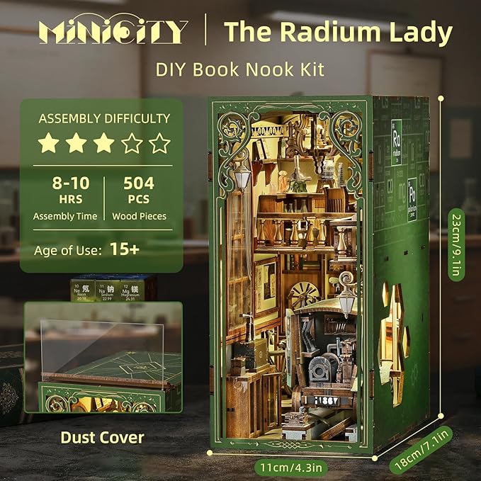 MiniCity Book Nook Kitwith Dust Cover and LED Light, 3D Wooden Puzzle Bookend Bookshelf Insert Decor for Teens and Adults-The Radium Lady