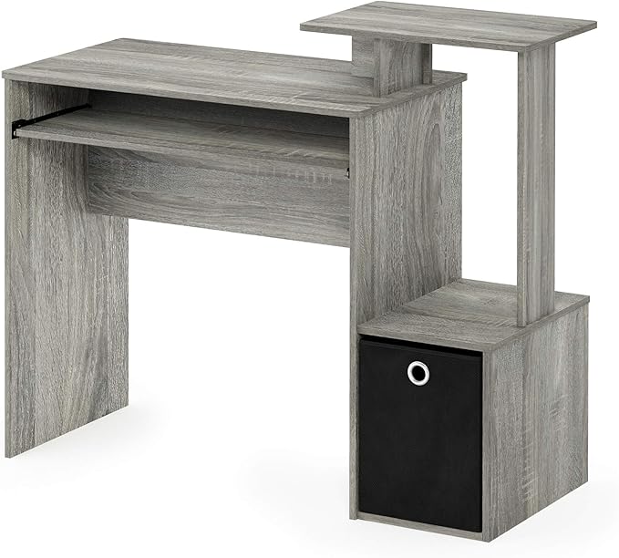 Furinno ECON Desk, 40" Wide Gaming Desk with Keyboard Tray, Computer Desk, Office Desk with Side Shelves and Storage Bin for Home Office, Grey Oak