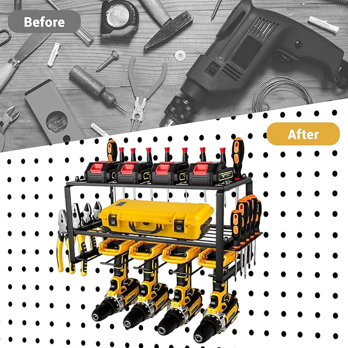 Power Tool Organizer, Small Iron Storage Rack, 3 Layer Metal Wall Mount Shelf Cordless Drill Hanger Storage Rack,Battery Tools Holder,for Garage Organization,Workshop,Pegboard 18x8.2x7.8 Inches