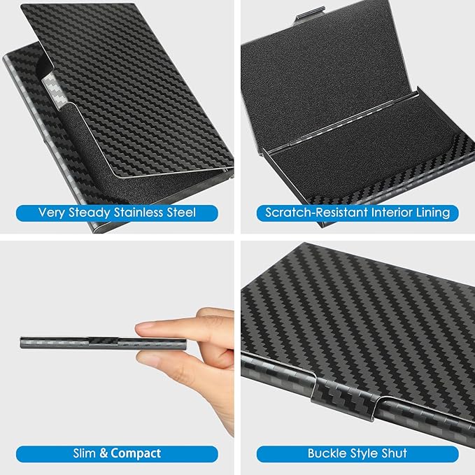 MaxGear Metal Business Card Holder for Men & Women, Stainless Steel Business Card Case Holds 10–20 Cards, Slim Pocket Name Cards Holder with Interior Lining & Buckle Closure, Black Carbon Texture