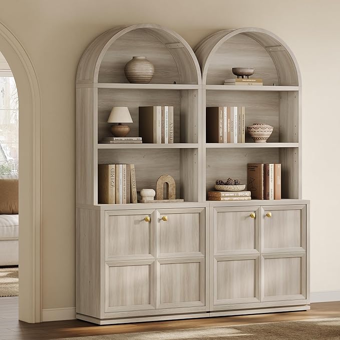 SICOTAS 81" Arched Bookcase, Large Book Shelf with Storage, Modern 5-Tier Arched Cabinet with Adjustable Shelves & Cable Management for Home Office Library Living Room Kitchen, Grey White Oak, 2 PCS
