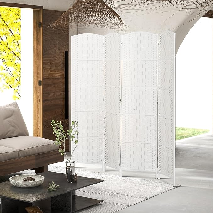 HOMCOM Room Divider 4 Panel, 6FT Tall Folding Privacy Screen, Freestanding Hand-Woven Partition for Room Separation with 360° Hinges, Paper Rope Diamond Weave, White