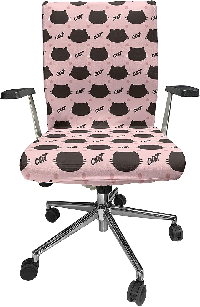 Ambesonne Cat Office Chair Cover, Kitted Head Silhouettes Hand Writing and Dots Design Abstract on Blushy Tone Back, Stretchable Decorative Universal Size High Back Printed Slipcover, Seal Brown Coral