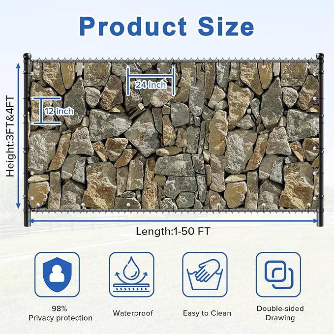 UPGRADE 3'x39'Customized PVC Privacy Fence Screen with Stone Wall Print – Outdoor Waterproof Patio Privacy Cover for Yard, Balcony, Garden Fence Decoration