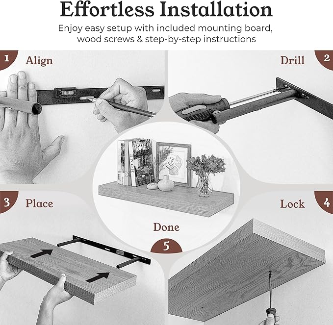 Floating Shelves for Wall, 9.3" Deep Wall Mounted Wood Shelves for Bathroom, Bedroom, Living Room, Kitchen, Hanging Shelf for Books/Storage/Room Decor (Brown, 48")