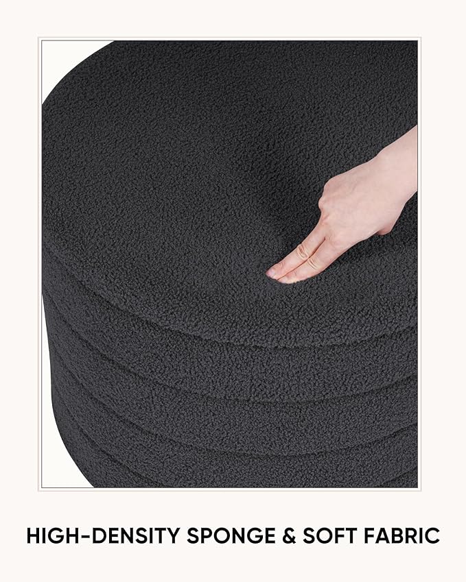 22 Inch Round Boucle Ottoman with Storage, Sherpa Teddy Fabric Ottoman Footstool, Folding Storage Foot Rest for Bedroom, Living Room Dorm, Darkgrey