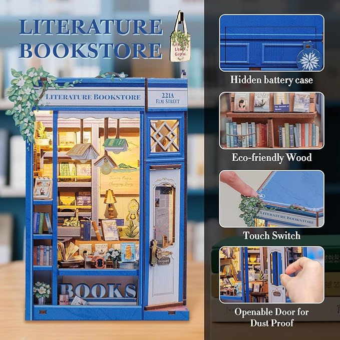 Fsolis Book Nook Kit - DIY Miniature Dollhouse Kit 3D Puzzles for Adult Tiny House Mini Booknook Bookshelf Diorama Kit Gifts for Women Teenagers Book Lovers (Literature Bookstore)