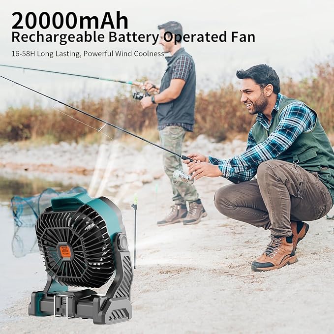 WESTTREE 20000mAh Battery powered fan Camping essentials,Rechargeable fan Portable Battery Operated Tent with Light & Hook X26A Cyan