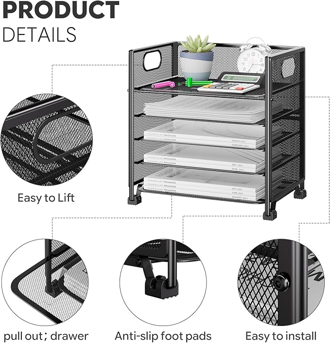 Simple Trending 5-Tier Paper Organizer Letter Tray with Handle, Mesh Desk File Organizer Folder Holder, Office Sorter for Home or School, Black