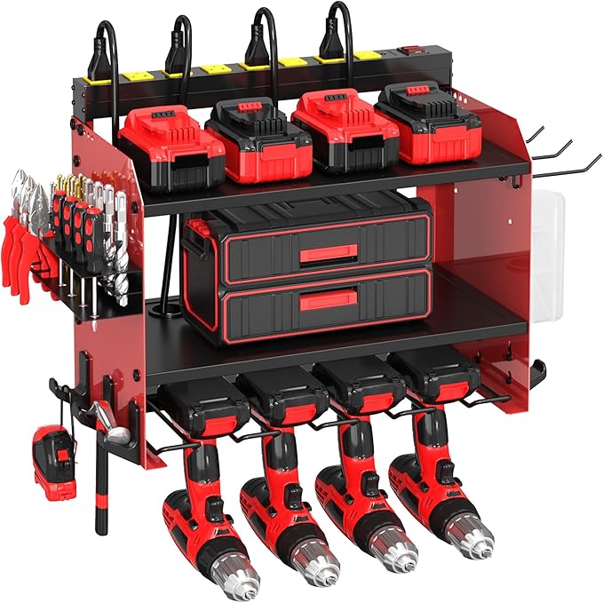 Power Tool Organizer Wall Mount wtih Charging Station,4 Drill Holder Wall Mount with 8 Outlet Power Strip,Heavy Duty Tool Rack with Hooks,Screwdriver Organizer in Garage(Red,3 Layers)