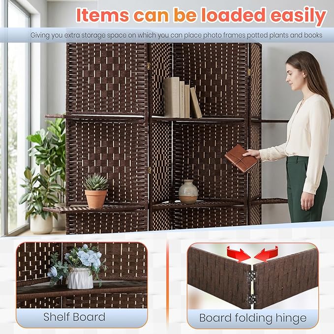 FDW 4 Panel Wood Room Divider - Foldable & Flexible Freestanding Screen, Easy Storage Partition Wall for Home Living Room, Rustic Brown