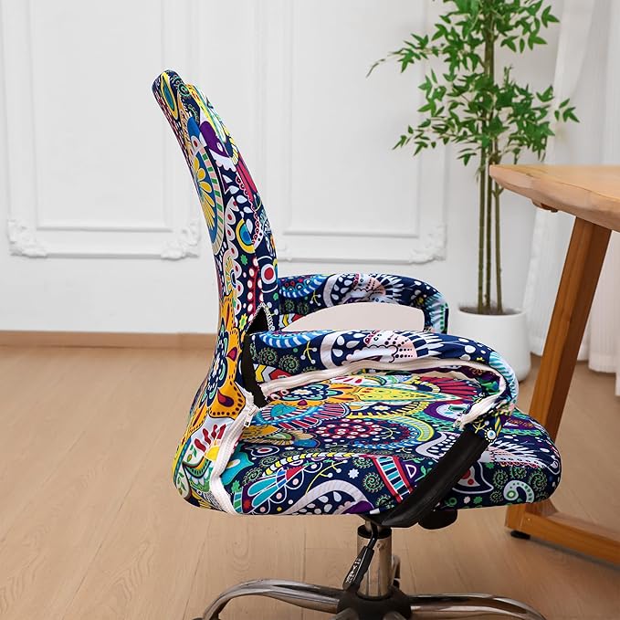 Waterproof Office Chair Cover with Armrest Cover 18Inch Wide Stretch Printed Boho Small Desk Computer Chair Covers with Long Zipper Arm Slipcovers Washable