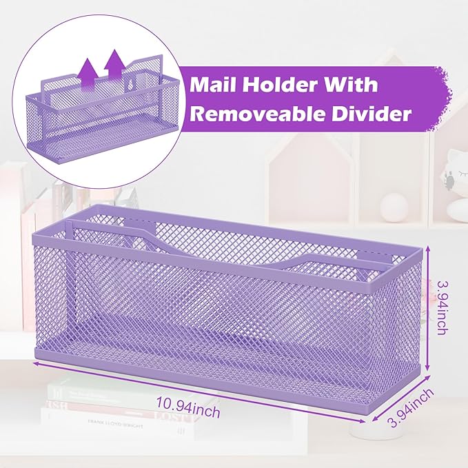 Mail Holder Countertop, Mail Organizer with 2 Slots, Mail Basket Wall Mounted Desktop Mail Sorter Letter Holder Box Envelope Organizer for Home Office, Purple