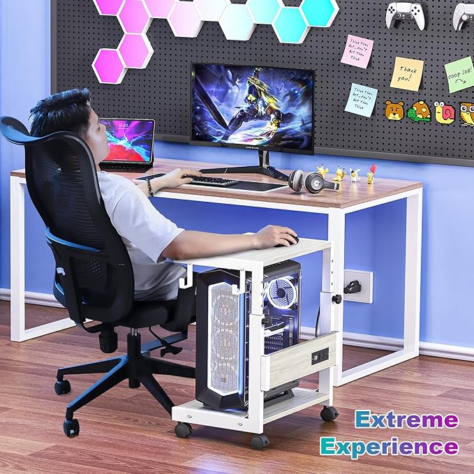 Computer Tower Stand with Charge Station and USB Charging Port - Height Adjustable PC Tower Stand, Under Desk CPU Holder Cart with Locking Caster Wheels for Fits Most PC