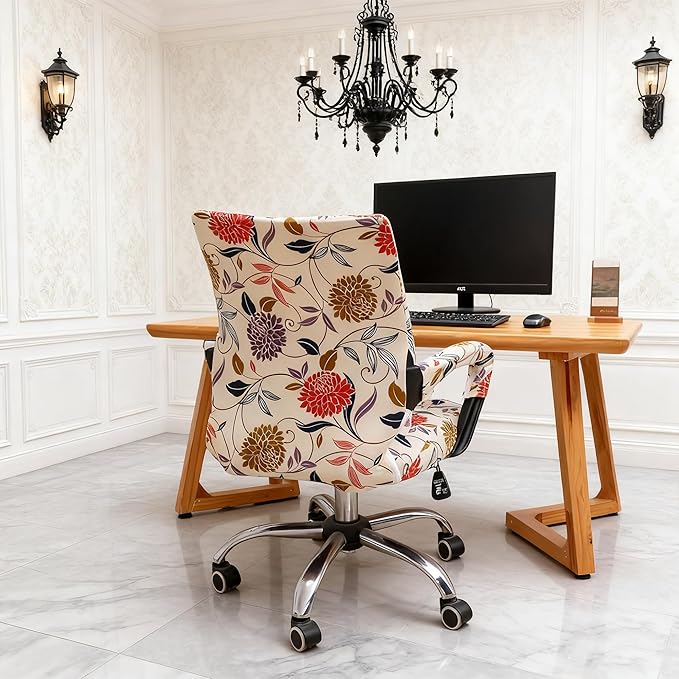 Waterproof Office Chair Cover with Armrest Cover 18Inch Wide Stretch Printed Floral Small Desk Computer Chair Covers with Long Zipper Arm Slipcovers Washable