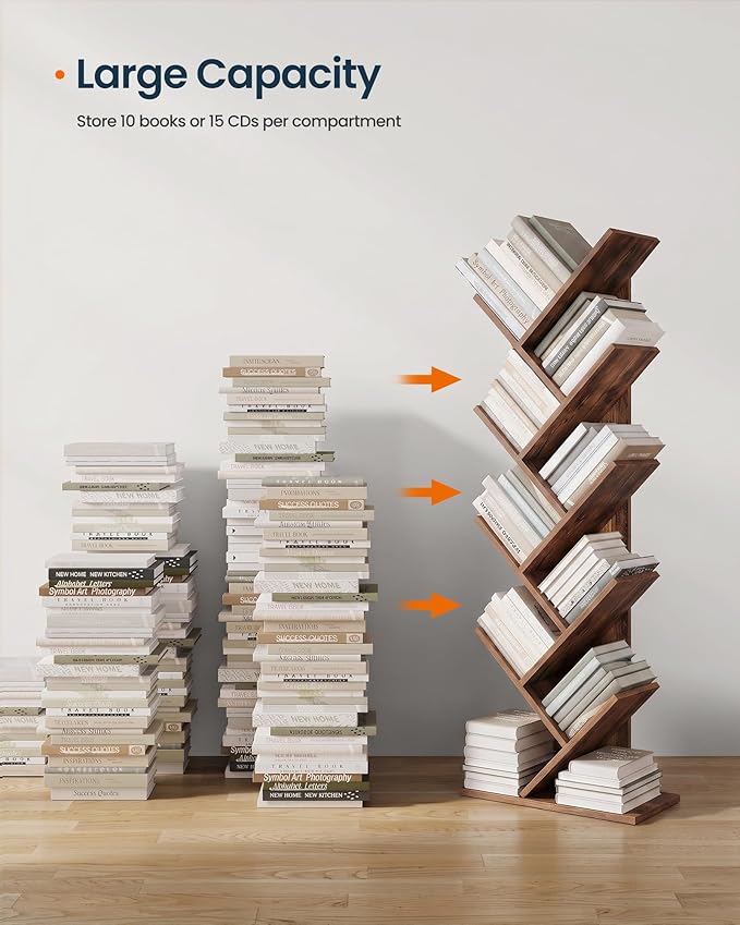 SONGMICS HOME 9 Tier Tree Bookshelf, Bookcase, Small Corner Shelf, Space Saving Book Tree for Home Office, Bedroom, Living Room, Brown