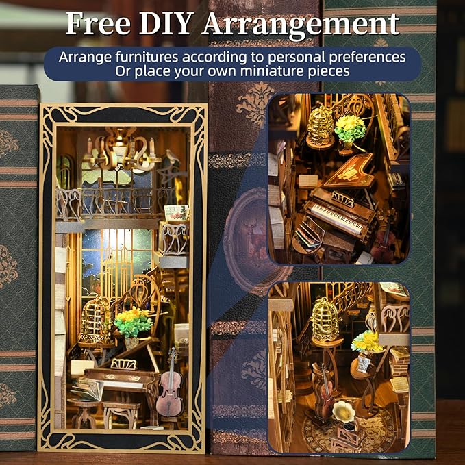MiniCity DIY Book Nook Kit, Miniature Dollhouse Booknook Kit, 3D Wooden Puzzle Bookend Bookshelf Insert Decor with LED Light for Teens and Adults (Pianist with Nightingale)