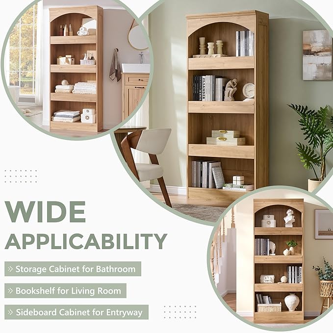 IFGET 76" Tall Arched Bookcase with 1PC Magnetic Lock Drawer, Modern Wooden Arch Bookshelf w/3 Pull-Out Drawers, Farmhouse 4 Tiers Book Shelf w/Open Shelves for Living Room, Office (Natural)
