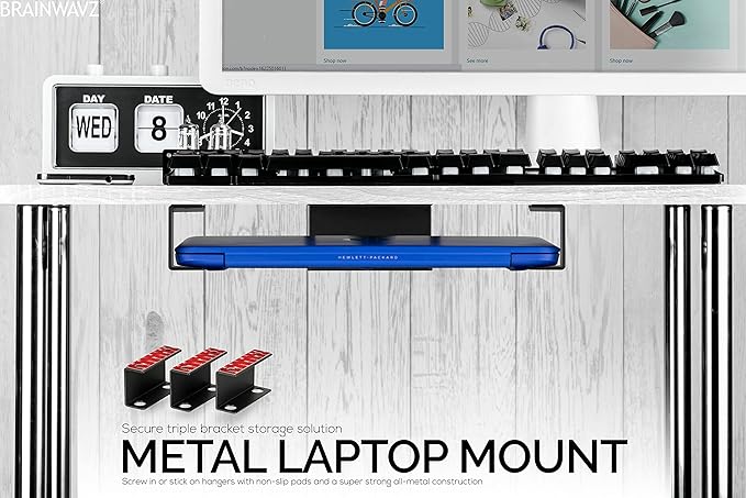 Under Desk Laptop Holder Mount For Desk, Adhesive & Screw In, Devices upto 1.5" Thick like Macbooks, Surface, Keyboard, Routers, Modems, Cable Box, Network Switch & More (Metal Black) By Brainwavz