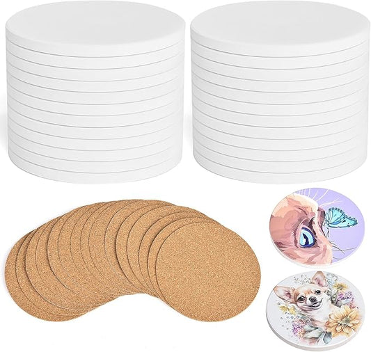 24 Pcs Round Ceramic Tiles for Crafts 4x4 White Ceramic Coasters for Crafts with Cork Backing Pads Blank Unglazed Tiles for Painting, Alcohol Ink, Acrylic Pouring, DIY Coaster