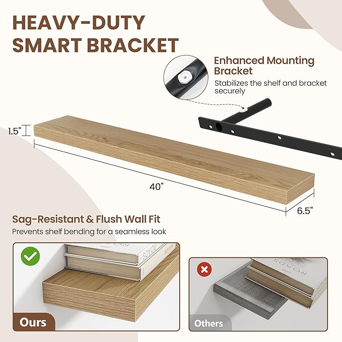Acovy 40 Inch Floating Shelves for Wall 2 Pack, 40" Wall Shelves for Books, Storage, Decor, Wall Mounted Floating Shelf with Invisible Brackets for Kitchen, Living Room, Oak