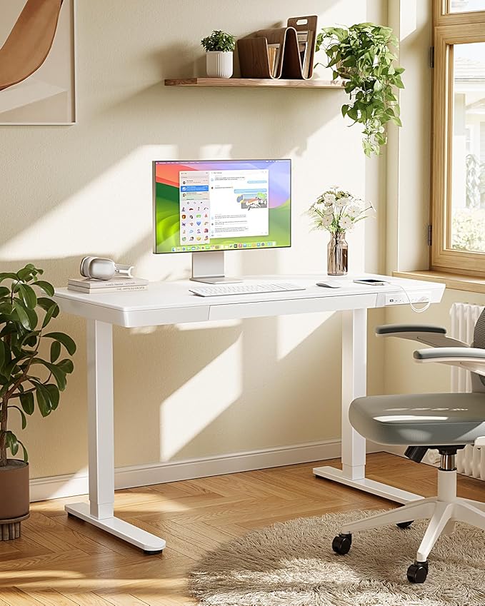 Marsail Standing Desk with Drawers,48 x 24 inch Adjustable One Piece Wooden Standing Desk, Electric Adjustable Height Desk with Storage & USB Charging Ports,Raised Computer Small Desk for Office White