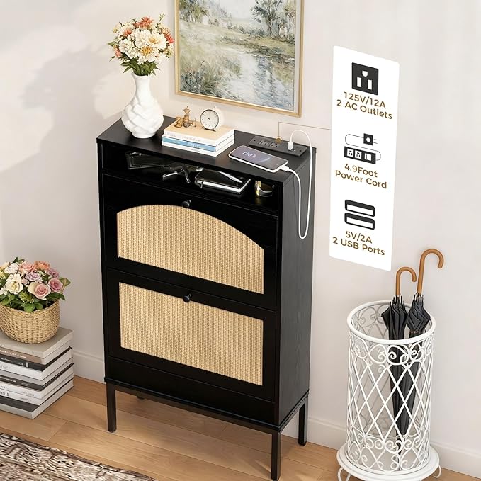 LUCKLIFE Shoe Cabinet with Charging Station, Flip Down Shoe Storage Organizer with Adjustable Shelves, Hidden Slim Shoe Rack with Anti-Tip Kit for Entryway or Hallway, Black Wood