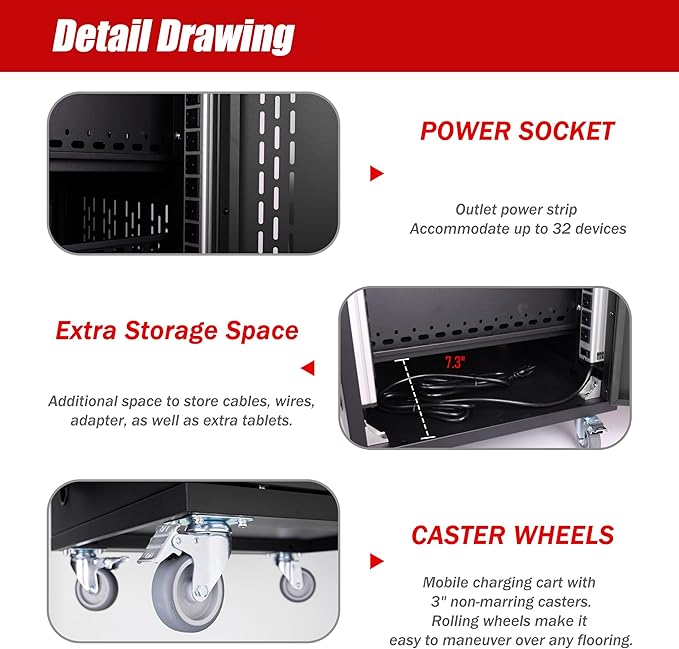 32 Device Mobile Charging Station for Laptops/Tablets/iPads/Chromebooks,32 Bay Lockable Charging Cabinet with Power Strip for Classroom,School Charging Carts with Casters-Black