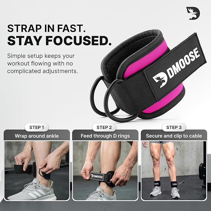 DMoose Fitness Ankle Strap for Cable Machine - One Size Fit with Premium Padding Cuffs, Ankle Bands for Working Out, Booty Workouts, Leg Extension, Hip Abductors, Kickbacks & Lower Body Exercises