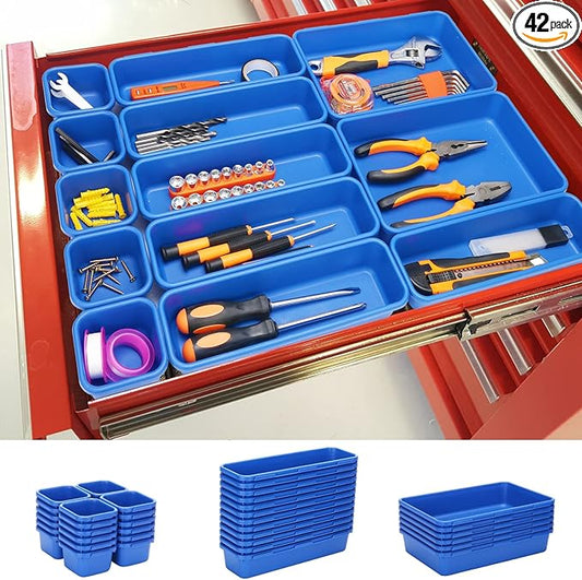 KeFanta 42 Pack Tool Box Organizer Tool Tray Dividers, Rolling Tool Chest Cart Cabinet Workbench Desk Drawer Organization and Storage for Hardware, Parts, Screws, Nuts, Small Tools Organization(Blue)