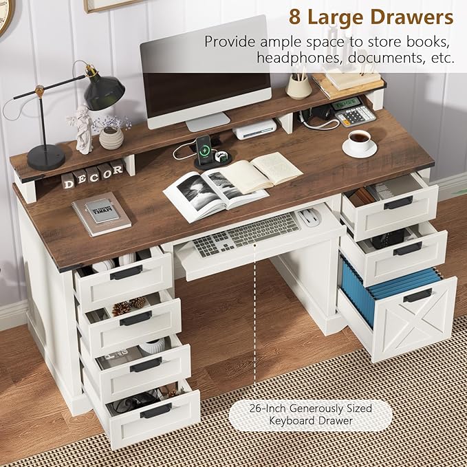 60" Farmhouse Executive Desk with 8 Drawers, Wood Computer Desk with Keyboard Tray and Charging Station, Home Office Desk Writing with File Drawer Fits A4 Size for Work and Study, White and Brown
